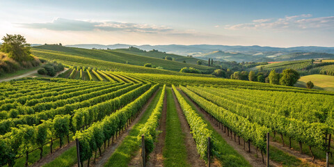 Breathtaking Vineyard with Rows of Green Vines and a Beautiful Landscape Capturing Nature's Bounty
