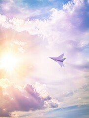 Fototapeta premium Airplane soaring through vibrant skies during sunrise with clouds in the background.