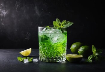 A green cocktail with a slice of lime and a sprig of mint on a black bar counter