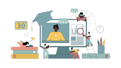 Concepts e-learning. Online education at home. Students with dark skin learn, gain knowledge.eps