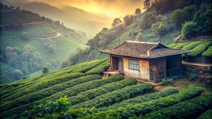 Vintage Tea Garden Hilltop Cottage - Scenic Hillside Tea Plantation Landscape