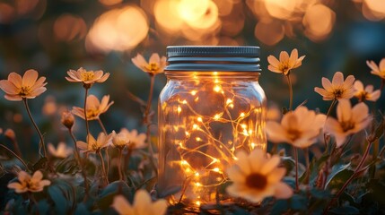 Fototapeta premium String lights enhance a glass jar nestled among vibrant flowers during golden hour