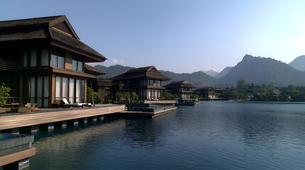 Obraz premium Luxury waterfront villas with mountain views.