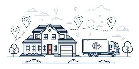 Naklejka premium A Creative Representation of a 'We Have Moved' Concept Featuring a House, Truck, and Map Pins