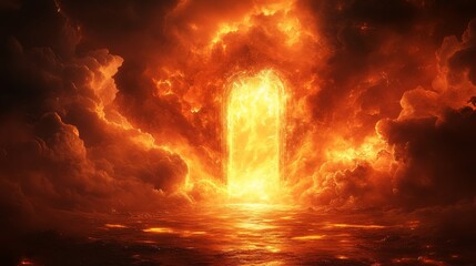 Fiery portal emerges from turbulent clouds over a mystical ocean at twilight