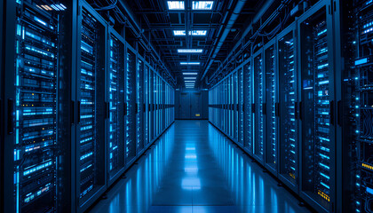 Fototapeta premium Exploring a high-tech data center filled with advanced server racks and illuminated pathways at night