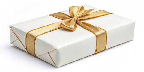 Elegant White Gift Box with Golden Ribbon Bow Isolated on a White Background for Luxurious Gifting