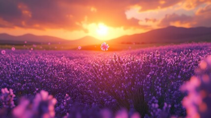 Sunset over purple lavender field, single pink flower.