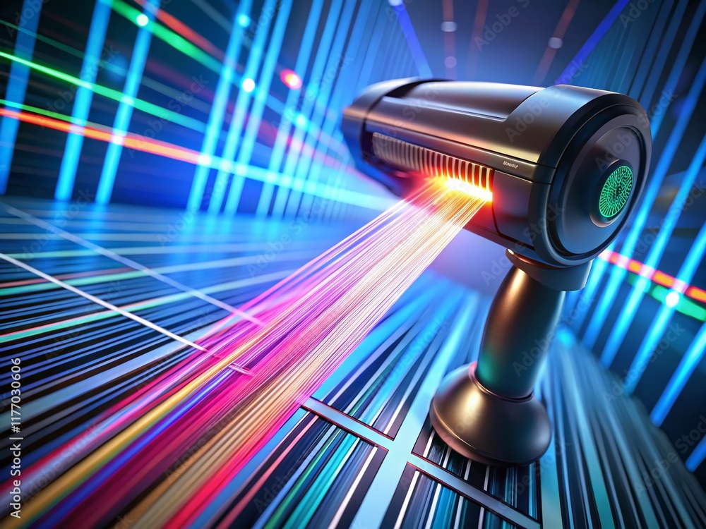 Poster 3d rendered barcode scanner in action: aerial view of automated system