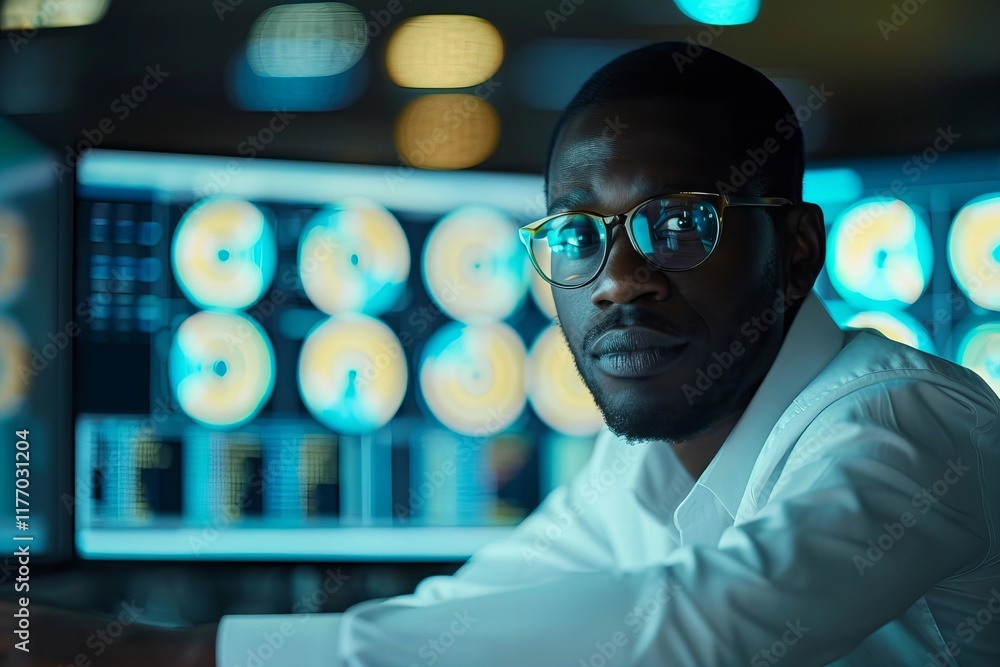 Aufkleber african american business data analyst utilizing computer technology