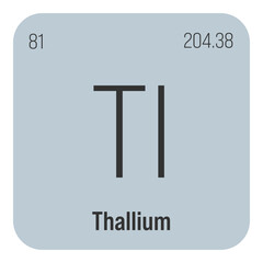 Thallium, Tl, periodic table element with name, symbol, atomic number and weight. Post-transition metal with various industrial uses, such as in certain types of medical imaging and as a component in