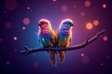 Two colorful parrots on a branch, affectionate mood, vibrant bokeh background