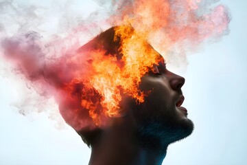 A man's head is on fire, with smoke billowing out of his mouth