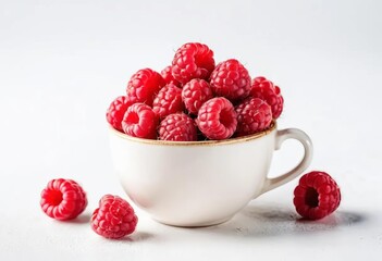 A cup filled with fresh raspberries on a white background