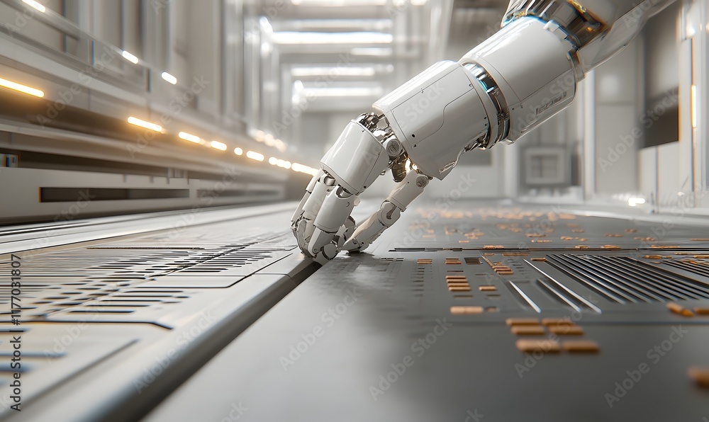 Poster robotic arm placing component on assembly line.