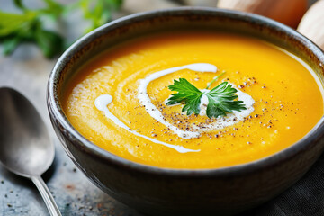 Pumpkin soup with a creamy texture and parsley garnish