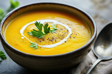 Parsley garnish on creamy pumpkin soup