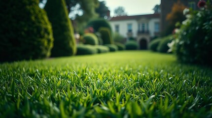 Extreme macro close up of meticulously manicured lawn in idyllic English garden setting under dramatic diffused light