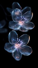 Obraz premium Macro shot of translucent flowers glowing against a black background, highlighting their delicate and ethereal appearance.