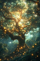 Fototapeta premium Enchanted forest, glowing tree, magical lights.