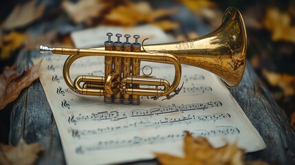Naklejka premium Autumnal Trumpet Serenade: A Musical Interlude Amidst Fallen Leaves