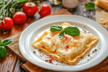 Ravioli pasta with béchamel sauce and fresh basil