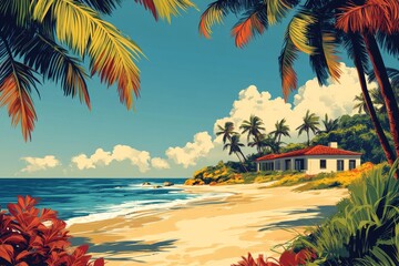 Vibrant beachfront house surrounded by palm trees on a sunny day by the ocean