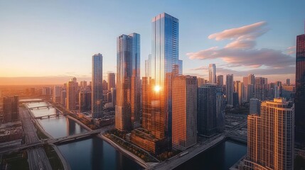Obraz premium Breathtaking aerial view of a modern city skyline during sunset, reflecting on a calm river below.