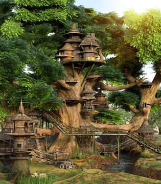 A majestic magical&nbsp;treehouse in a lush enchanted forest filled with wooden houses and a stream