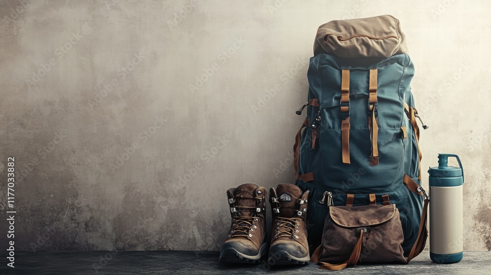 Poster essential backpacking gear ready for adventure with space for personal details. generative ai