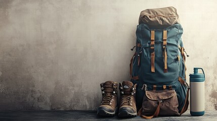 Essential backpacking gear ready for adventure with space for personal details. Generative AI