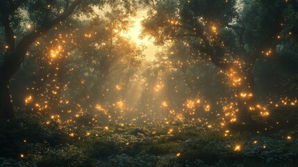 Naklejka premium Magical forest glowing with fireflies at sunset surrounded by lush greenery