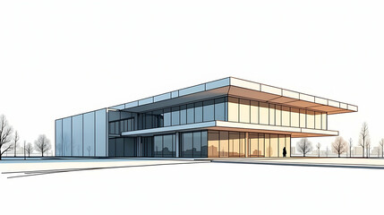 Obraz premium Modern building sketch; glass facade, city reflection; solitary figure stands outside; serene atmosphere; background is mostly white.