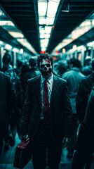Zombie in a Suit Holding a Briefcase in a Crowded Metro