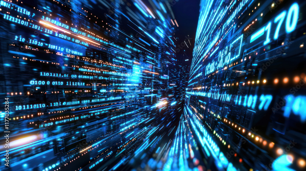 Poster digital data streams create vibrant, futuristic atmosphere of technology