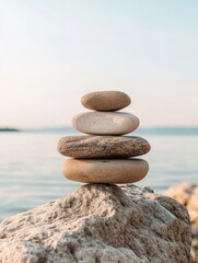 Serene Stacked Pebbles: A Tranquil Balance of Stones on a Pure White Background