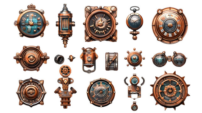 Steampunk badgets , UI, icons isolated on a transparent background