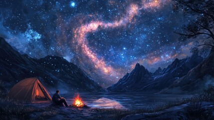Stargazing scene with a man sitting by a tent and campfire under a Milky Way-filled sky