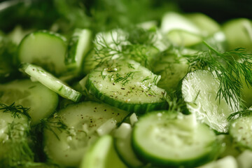 Obraz premium Cucumber salad with fresh dill and black pepper