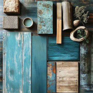 a moodboard with touch feeling of colors blue corporative oir an ambience indiustrial and wood