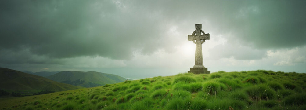 Celtic cross on a green hill under cloudy skies
