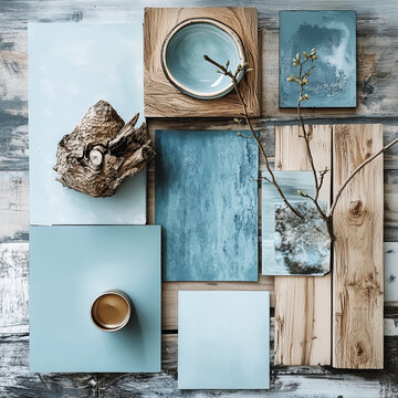 a moodboard with touch feeling of colors blue corporative oir an ambience indiustrial and wood