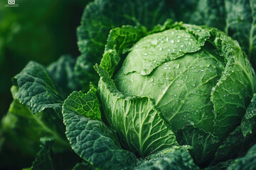 Fresh green cabbage with water droplets in the garden