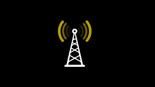 Cell networking tower icon with radio waves, tower connecting network and signal wave animation. Black background