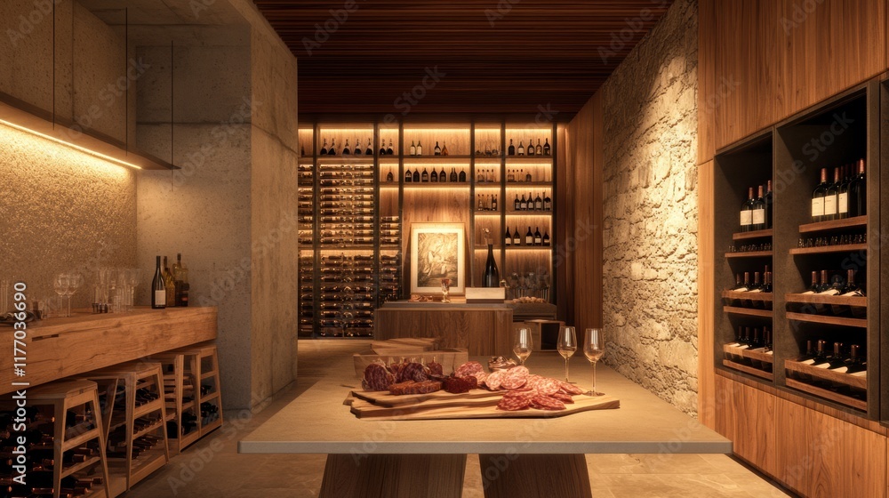 Poster elegant wine cellar featuring vintage bottles and a tasting table with red wine and charcuterie. gen