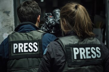 Male and female journalists on duty during a police raid on a house, seen from behind, their faces hidden