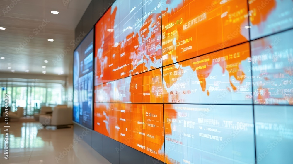 Poster global data visualization on a large video wall in a modern office