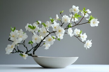 Spring Ikebana: Elegant Floral Arrangement of White Blooms Amidst a Natural Background