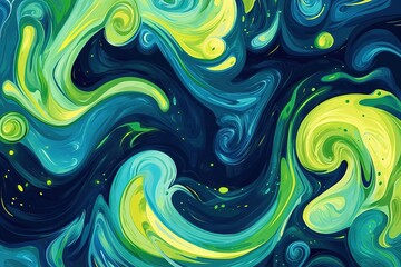 Vibrant swirling abstract design with teal and lime green colors.