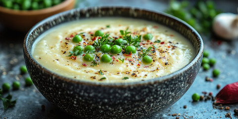 Green pea-topped creamy vegetable mashed soup